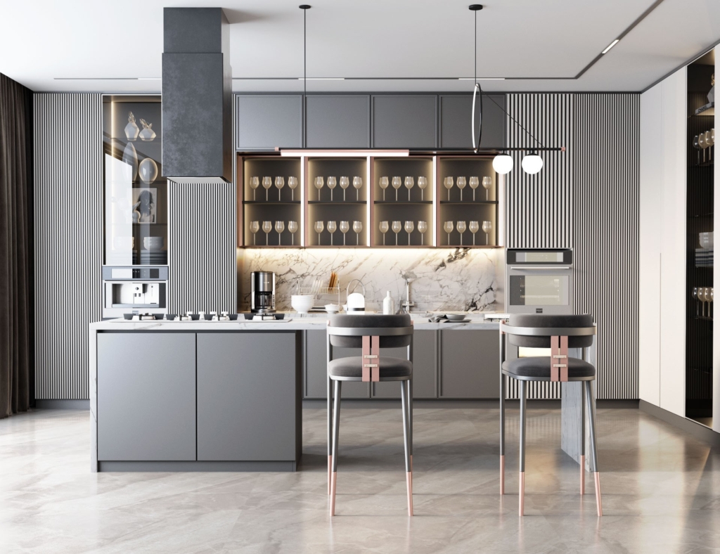 Mẫu tủ bếp 03 | Nội Thất SHC Tủ bếp xám kết hợp quầy bar, ghế cao và tủ kính trưng bày