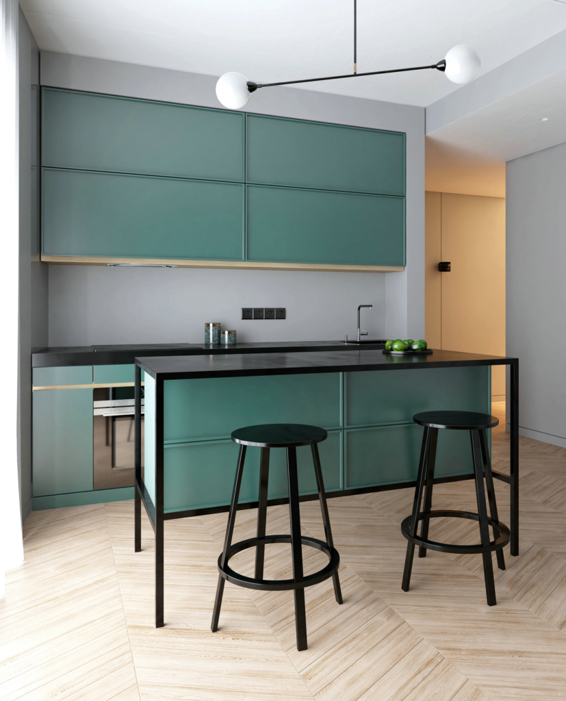 Mẫu tủ bếp 11 | Nội Thất SHC Tủ bếp xanh trầm có bàn bar nhỏ, hai ghế cao và sàn vân gỗ