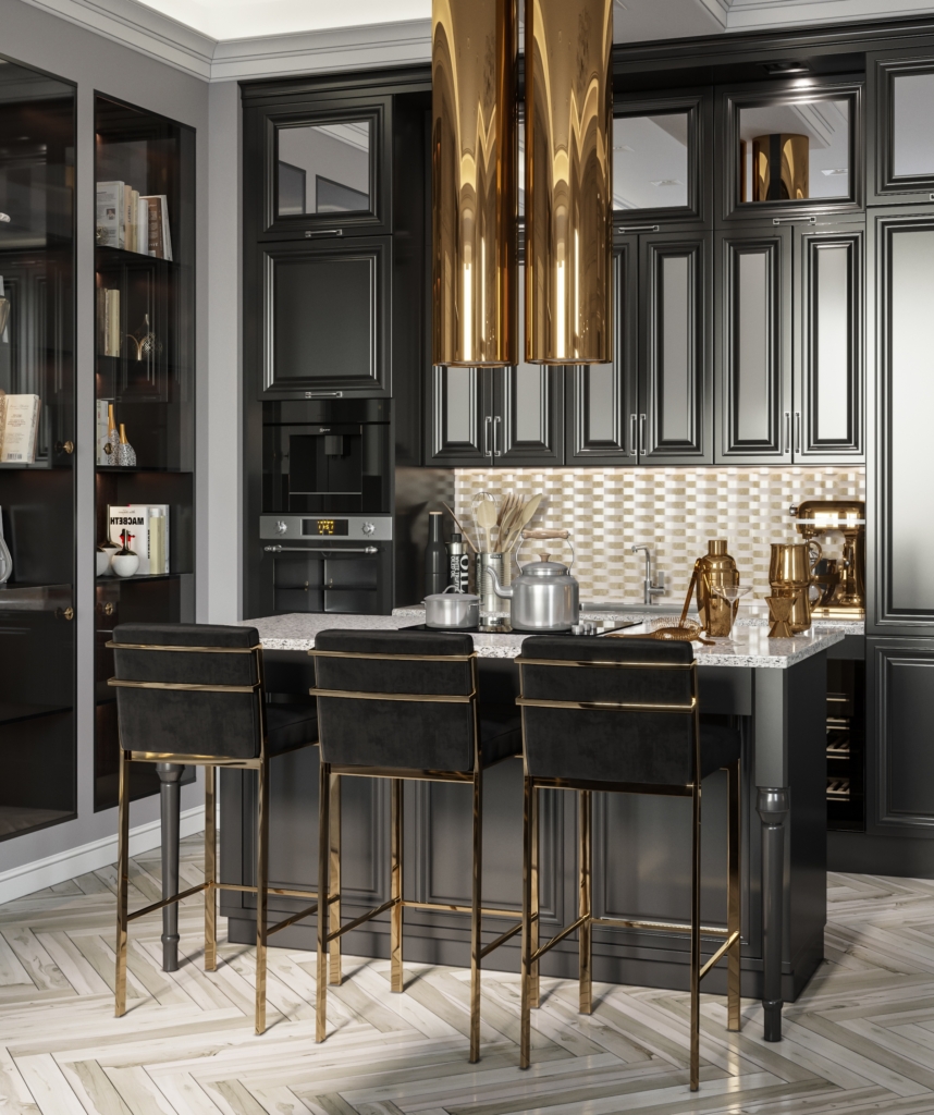 Mẫu tủ bếp 15 | Nội Thất SHC Tủ bếp tân cổ điển màu đen có quầy bar và chi tiết kim loại màu vàng